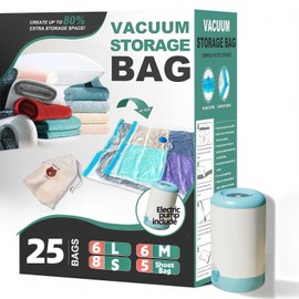 Vacuum Bags for Travel with Rechargeable air Pump，25 Pack Carry-on Size Compression Packing Bags for Luggage and Suitcase，Space Saver Vacuum Storage Bags for Clothing,Shoes,Luggage, Travel Essentials