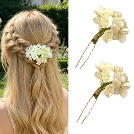 2 Pack Floral Hair Pins with Hydrangea Flowers for Women Boho Artificial Floral U-Shaped Hairpins for Updo Bun Bridal Beach Seaside Party Hair Accessories (White)