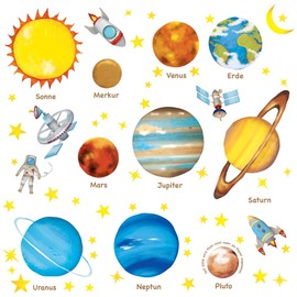 DECOWALL DW-1307DE Solar System Planets Wall Sticker Space Wall Sticker Space Wall Sticker Wall Decoration for Bedroom Children's Room Baby Room (Intermediate) (German Version)
