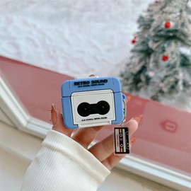 SCQYCWA Headphone Case for Airpods 4th Generation,Cute Cartoon 3D Creative Retro Tape Recorder Design,for AirPods 4 ​with Keychain (Blue)