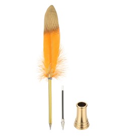 PATIKIL Feather Pen Quill, Feather Ballpoint Pen Bulk Refined Vintage Feather Calligraphy Pen with Golden Pen Holder for Guest Signature Wedding Bridal Office Writing, Orange