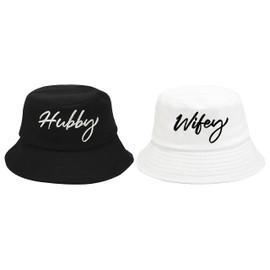 Enodtter Embroidered Hubby Wifey Bucket Hats, Black & White Summer Beach Hats for Couples Just Married, Gifts for Newlywed Honeymoon Wedding