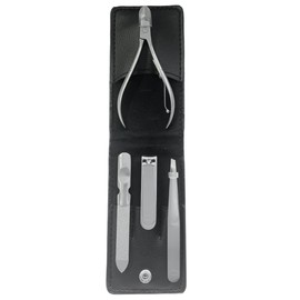 4 piece manicure and pedicure set in beautiful black leather case with press stud closure (black)