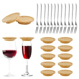 WATUNID Weinglas Charcuterie Board, 12Pcs Bambus Weinglas Topper mit 12PC Edelstahl Obst Gabeln, Weinglas Topper Untersetzer für Familie Versammlung Party Vorspeisenteller Dessertteller Glas