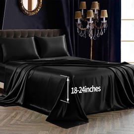SiinvdaBZX 4Pcs Extra Deep Pocket Satin Sheet Set King Size, Ultra Silky Soft Black Satin King Bed Sheets Deep Fitted Sheet Set Fits 18-24 Inch Deep Pocket Mattress