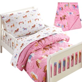 Wildkin Plush Blanket Bundle with Cotton 4 Pc Toddler Bed in a Bag (Horses)