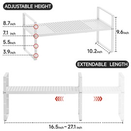 jkxoo Expandable Cabinet Countertop Shelves, Adjustable Metal Spice Rack Organizer Stackable Stand Extender Counter Storage Shelves for Kitchen Cabinet, Countertop, Pantry and Cupboard, White