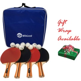 JP WinLook Ping Pong Paddles Set of 4 - Portable Table Tennis Paddle Set with Ping Pong Paddle Case & (8) 3 Star Ping Pong Balls. Premium Table Tennis Racket 4 Player Set for Indoor & Outdoor Games