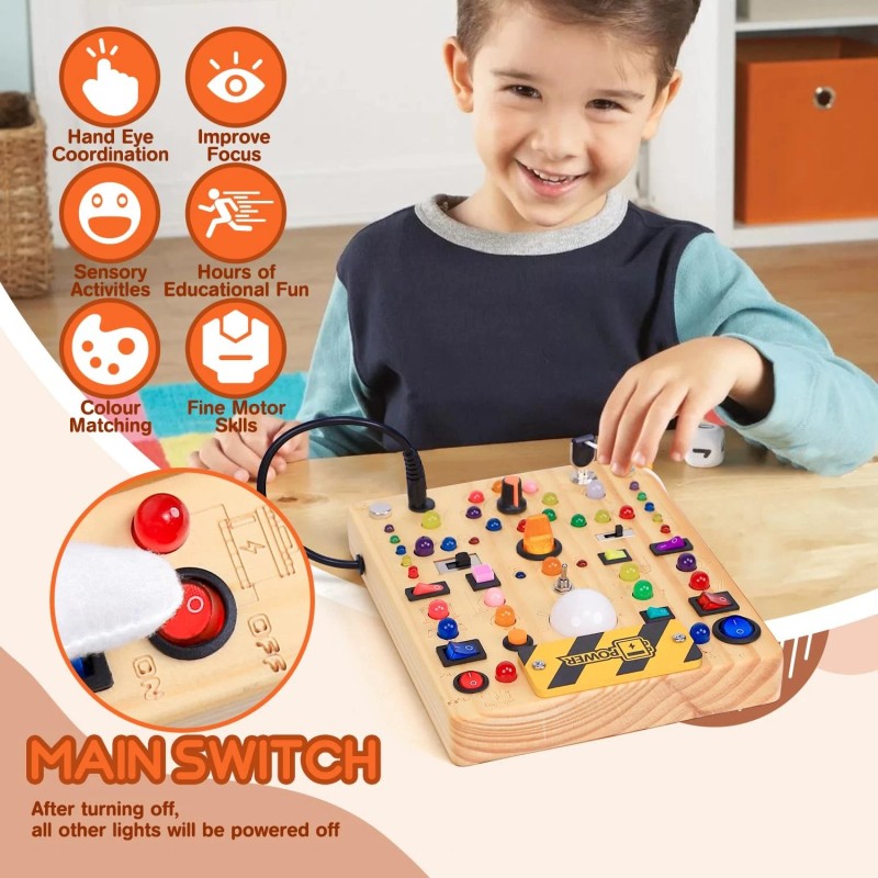 Iharpro Busy Board with 19 LED Light Switches, Montessori Toys