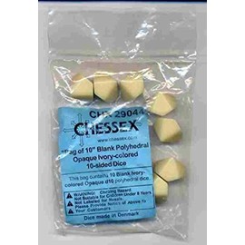 Ivory Blank D10 (10 Sided) 16mm (5/8in) Dice Set of 10 Chessex