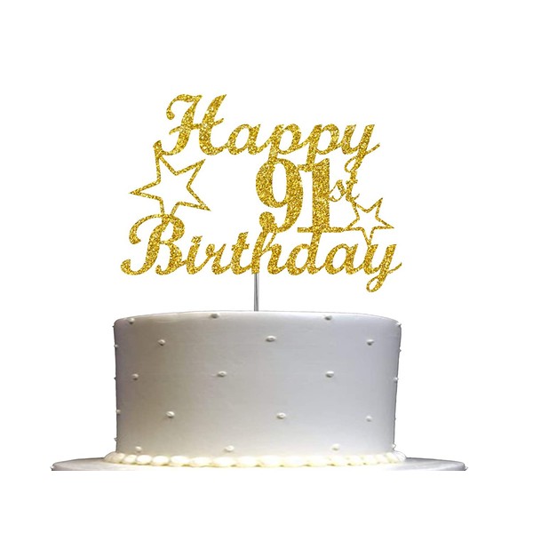 91 Birthday Cake Topper Gold Glitter, 91st Party Decoration Ideas, Premium Quality, Sturdy Doubled Sided Glitter, Acrylic Stick. Made in USA