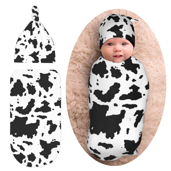 Cow Print Newborn Swaddle Blanket with Hat Set Baby Stuff