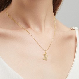 Jokmeo Gold Chain with Letter A-Z Pendant 14 Carat Gold-Plated Initial Necklace, Crown Shiny Cubic Zirconia Monogram Pendant, Name Letter Chain for Women Girls Girlfriend Mum, Sterling Silver