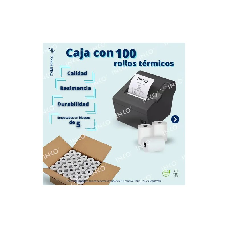 INKO 100 Rollos Papel Térmico 80x70 Impresora 80mm Negro Con