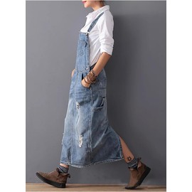 chouyatou Women's Adjustable Strap Distressed Denim Overall Dress A-Line Pinafore Jean Dress with Split (X-Large, Light Blue)