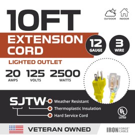 Iron Forge Cable 10 Ft Extension Cord - Nema 5-20 Extension Cord, 5-20P to 5-20R Lighted Yellow SJTW 12 Gauge Electric Cable, 20 Amp Heavy Duty