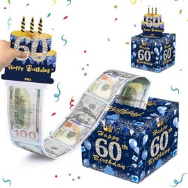 MORAINJAY 60th Birthday Money Box for Cash Gift,Navy Blue Pull Cash from Money Case,Surprise Money Gift Box for Men,Women 60th Birthday Presents Birthday Gift Money Box,Birthday Party Decorations