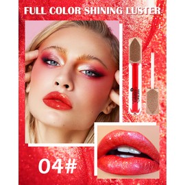 Matte Glitter Liquid Lipstick Lip Gloss- 1Pcs Long Lasting Waterproof Diamond Shimmer Red Pink Sparkly Glossy Metallic High Pigment Non-Stick Cup Tint Lip Stain, Christmas Makeup Gift for Women-04#