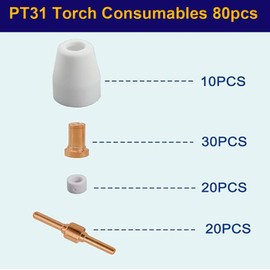 PT31 Plasma Cutter Consumables 80PCS Plasma Cutting Equipment Accessories Suit for PT-31 Plasma Cutter Torch Kits Tips Electrode Nozzles Gas Rings and Cups fit CUT40 CUT50 CUT55 CT418 520TSCPF Machine