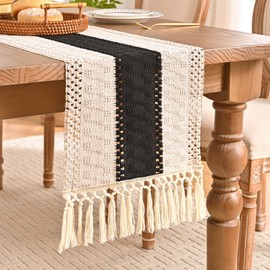 Aisybaklyn Table Runner Black Autumn Winter Country House Style Boho Table Runner Crocheted Crochet Lace Table Runner Vintage Tassel Table Runner for Wedding Kitchen Tabletop Table Decoration Dining Table 30 x 180 cm