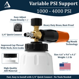 Foam Cannon for Pressure Washer, 1.1mm Orifice, 1000-4000 PSI, 1/4 Inch Quick Connector, Wide Neck and Adjustable Spray, Heavy Duty Car Snow Foam Blaster for Superior Foaming & Deep Clean, Orange