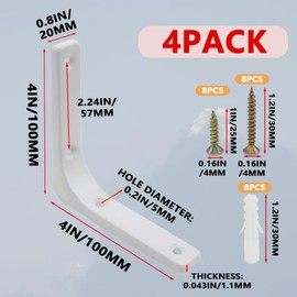 Joyangy 4pcs 4 Inch L Brackets, Heavy Duty Wall Mount White L Corner Brackets Braces for Wood, Shelves, Cabinets, 90 Degree Triangle Shelf Support with Screws, Small Right Angle Bracket