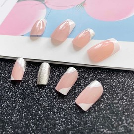 SINLOV 24pcs Square False Nails Pink Glitter Print on False Nails Long Artificial Finger Nails Full Cover False Nails for Women and Girls