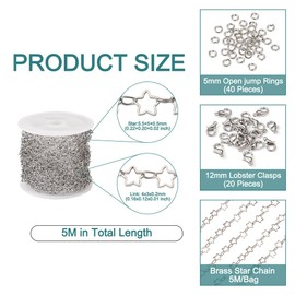 Cheriswelry 5m Star Brass Chain 4x3x0.2mm 14k Platinum Star Cable Chain with Lobster Claw Clasps Jump Rings for Women Necklace Bracelet Jewelry Making Decor
