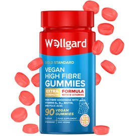 Vegan High Fibre Gummies Wellgard – High Strength Fibre Gummy Vitamins B₆, B₁₂, Biotin, and Folic Acid, Strawberry Flavour, UK Formulated