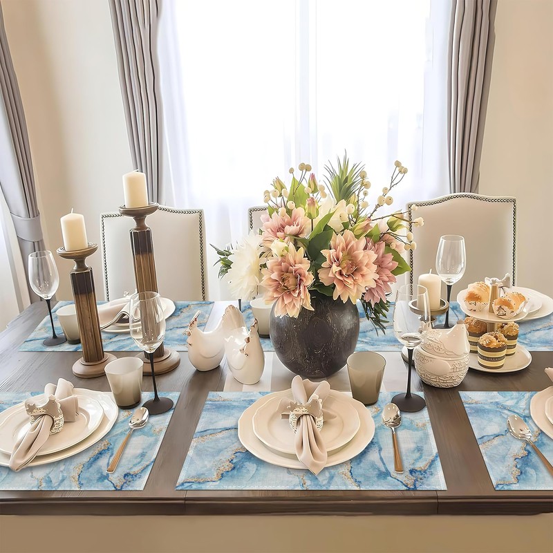 Blue Marble Pattern Placemats Set of 6,Table Mats Non-Slip Heat