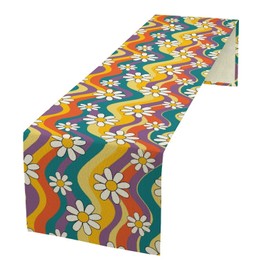 Groovy Flowers - Camino de mesa retro floral de los años 60 y 70 años, diseño de flores de crisantemo blanco para fiestas, pícnic, mesa, comedor, interior y exterior, 13 x 36 pulgadas