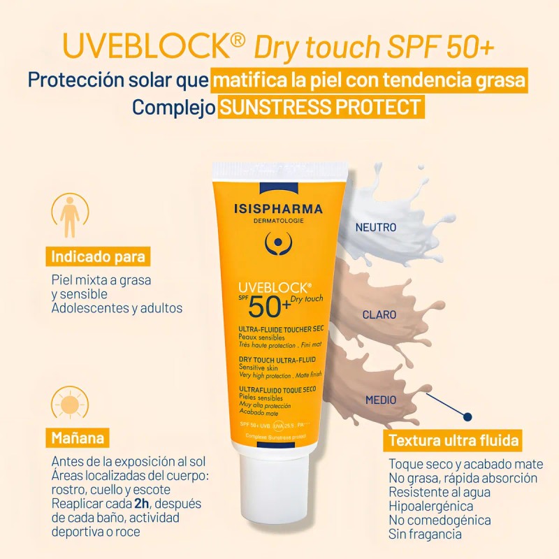 Uveblock 50+ Toque Seco, Protector Solar , Tinte Medio