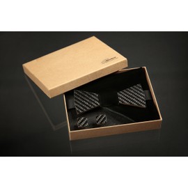 Handmade Wooden & Carbon Fiber Arrow Style Bow Tie and shirt Cufflinks, silk velvet handkerchief & decorations (Black)