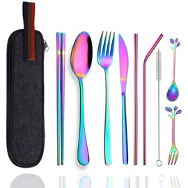 Busnos Travel Utensils Set with Case Reusable Stainless Steel Silverware Flatware Set 9 Pcs Portable Cutlery Eating Utensils Set for Lunch Boxes Workplace Camping School, Dishwasher Safe (Multi)