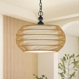 QIHONGLT Rattan Chandelier, 5-Lights Boho Large Pendant Light, Hand Woven Basket Pendant Chandeliers for Dining Room Living Room Kitchen Island Bedroom Foyer, Height Adjustable (19.3in)