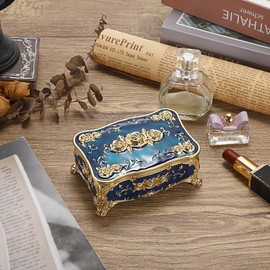 Vintage Jewellery Boxes, Luxury Jewellery Box, Rectangular Metal Jewellery Box, Storage Box for Earrings, Necklaces, Ring as Wedding Gift Decoration for Girls and Women (Blue)