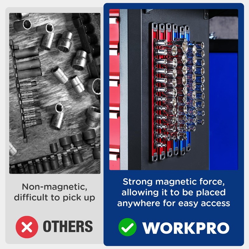 WORKPRO Magnetic Socket Organizer Set, 6-Piece Aluminum Alloy Socket Rail,