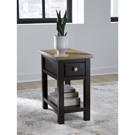 Signature Design by Ashley Drazmine Casual 1 Drawer Chair Side End Table with USB Charging Ports, 1 Lower Shelf and Power Cord, Light Brown & Black