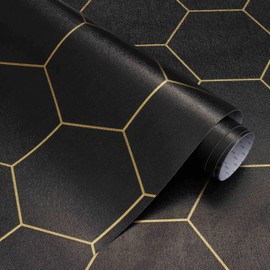 Black Geometric Wallpape Peel and Stick Wallpaper Gold and Black Contact Paper 17.3”×393”Decorative Shelf Draw er Liner Roll Waterproof