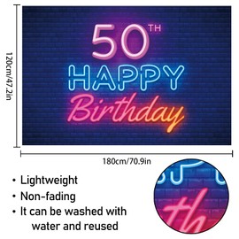 Glow Neon Happy 50th Birthday Backdrop Banner Decor Black – Colorful Glowing 50 Years Old Birthday Party Theme Decorations for Men Women Supplies
