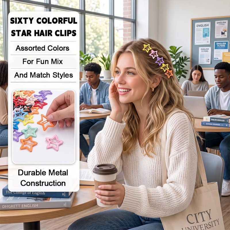 Y2K Star Hair Clips,60 Pcs 1.29 Inch Colorful Snap Barrettes