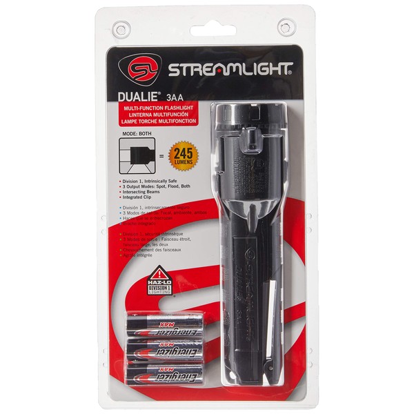 Streamlight 68752 Dualie 3AA 140-Lumen Dual Function Intrinsically Safe AA Battery Flashlight, Black – With 3"AA" Alkaline Batteries