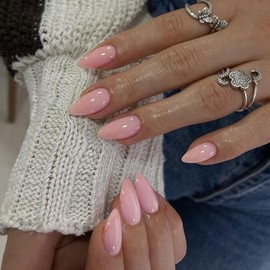 Kqueenest Uñas Postizas Cortas De Almendra De Color Rosa Bebé, 30 Piezas De Uñas Postizas Gruesas Cortas, Uñas Acrílicas De Color Sólido Brillante, Uñ