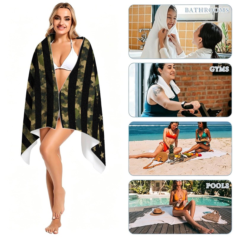 Camo USA Flag Faith Beach Towel, Large Absorbent Quick Dry