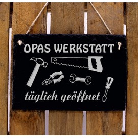 Slate board with engraving “Opas Werkstatt”, the ideal present for granddad