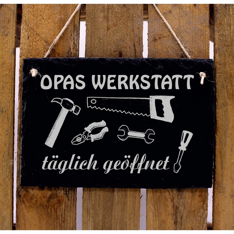 Slate board with engraving “Opas Werkstatt”, the ideal present for