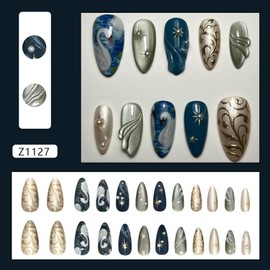 24Pcs Deep Blue Press On Nails Medium Almond Fake Nails with Stripes Pearl Starbursts Retro Design Glossy Flower 3D Pearls Nails Y2k False Nails Full Cover Artificial Stick on Nail for Women DIY Tips