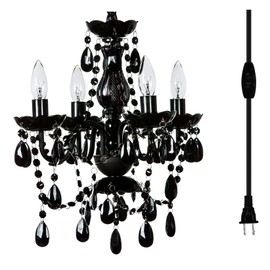 Plug-in 4 Light Black Hanging Swag Chandelier H17.5”xW15”, Black Metal Frame with Black Glass Stem and Black Acrylic Crystals & Beads That Look Just Like Glass