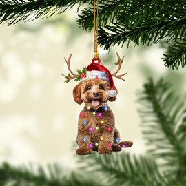 Talataca Poodle 2D Flat Christmas Ornament, Caniche Wearing Christmas Hat Reindeer with String Lights Pine Tree Decor, Hanging House Charm Eve Keepsake, Car Rear View Mirror Accessories, Xmas Gift