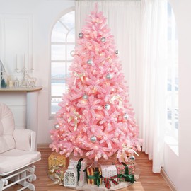 Naomi Home 7.5ft Pink Christmas Tree with Lights, Unique Colored Christmas Tree Prelit with 1412 Branch Tips, 600 Warm Lights and Metal Stand, Aritificial Christmas Tree
